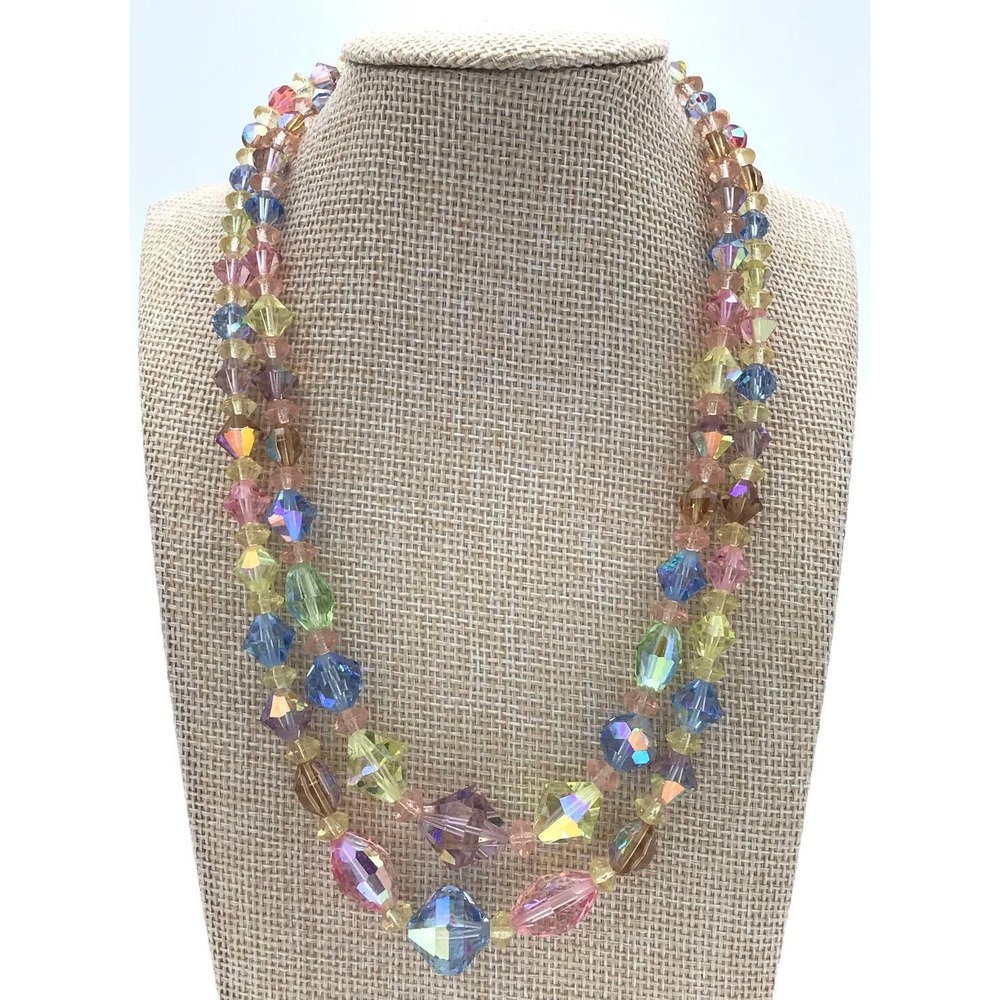 Vintage Aurora Borealis Crystal Bead Double Strand Necklace Pastel Rainbow 16"